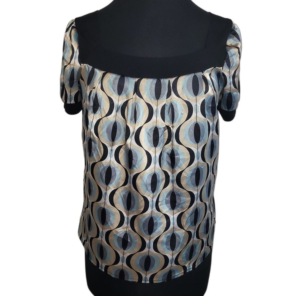 VTG Y2K Satin Abstract Blouse Silver Blue Oversized Retro M Mall Girl Trendy